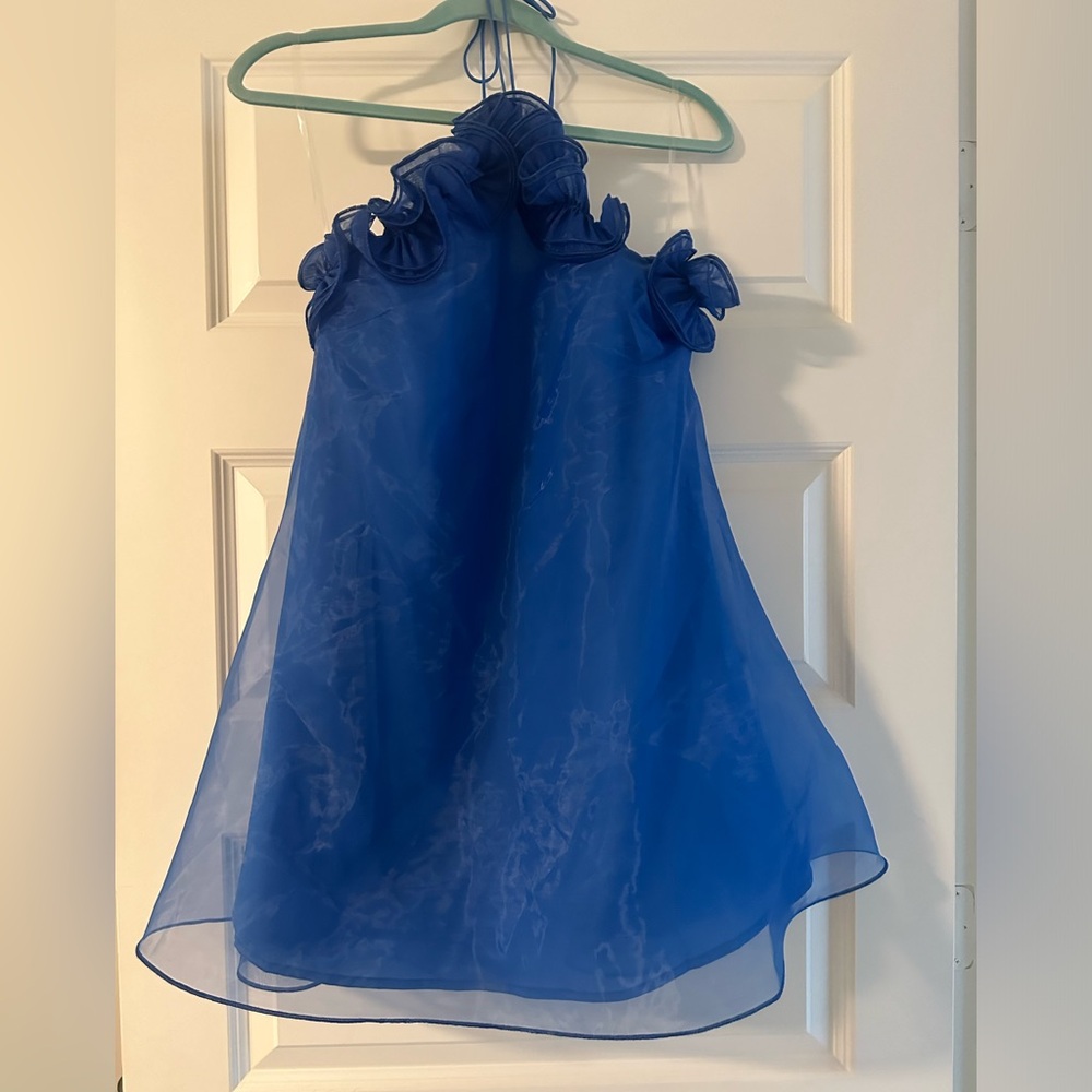 Main Strip royal blue ruffle halter dress
